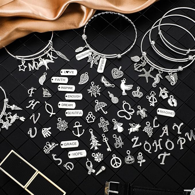 363 Pcs Charm Bracelet Making Kit Bangle Bracelets DIY Kit, 17 Silver Expandable Wire Bangles, 146 Charms Pendants, 200 Open Jump Rings for Christmas Women Jewelry Making