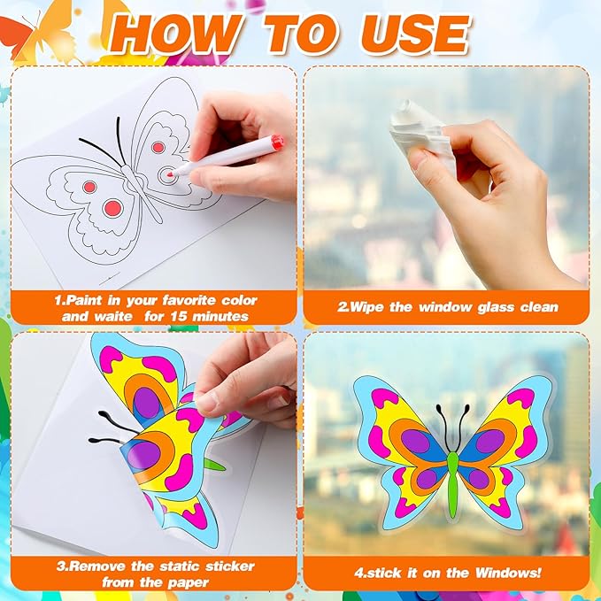 Frienda 36 Pcs Spring Butterfly Window Suncatchers Crafts Kit DIY Window Clings Stickers Butterfly Arts Crafts with 10 Markers for Easter Home Activities Decor Vbs