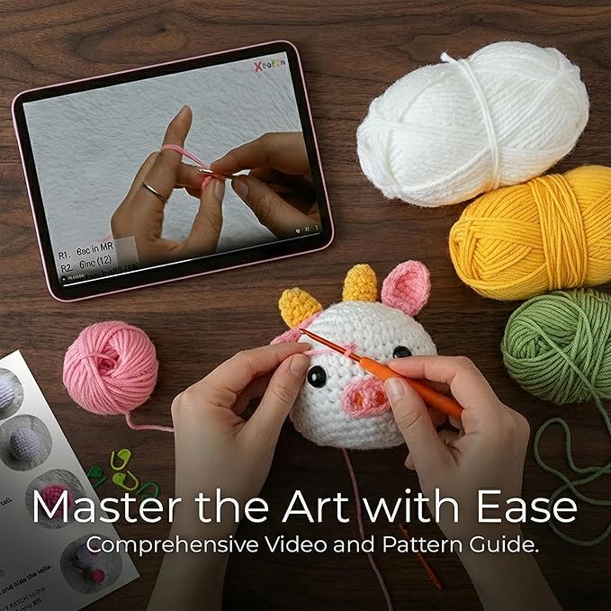 Amigurumi Crochet Kit for Beginners – Strawberry Cow & Strawberry (2PCS) Relaxing DIY Craft Starter Kit For Adults & Teens (14+) - Step-by-Step Video Tutorials, 40% Extra Yarn & Ergonomic Hooks