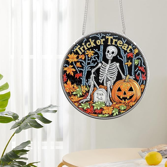 Reofrey Hanging Diamond Art Kits for Adults - 8x8 Inch Halloween Skeleton Acrylic Board Double Sided Pattern Diamond Art Suncatcher Pendant, Crystal Art for Home Wall or Window Decoration Gift