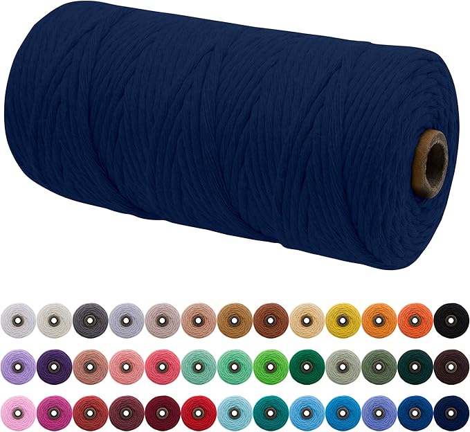 JeogYong Single Strand Macrame Cord 3mm x 109 Yards (328 Feet) Soft Cotton Rope Macrame Yarn 3 mm Macrame Cord, Macrame Supplies for Crafts Wall Hangings Plant Hangers Decorations (Dark Blue)