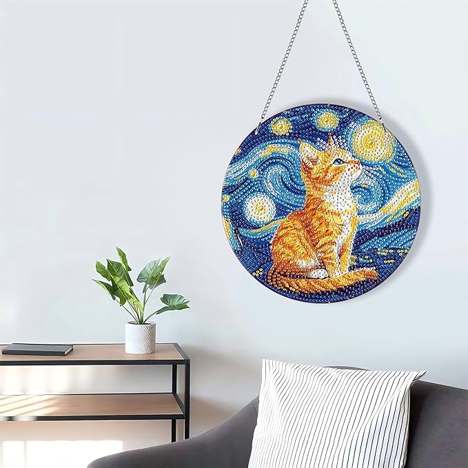 LOMSIOY Diamond Art Hanging Kit for Adult, Cat Front Door Sign Window Decor for Outdoor, Starry Night Double Sided Summer Decor Suncatcers for Porch, Hanging Pendants for Garden Wall （8x8 Inch