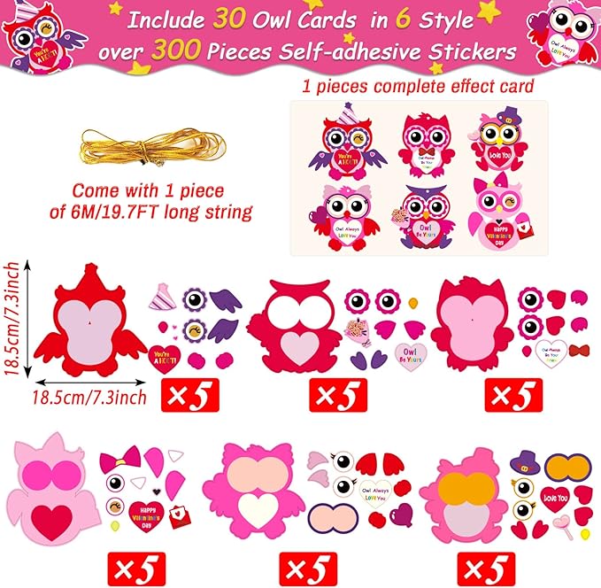 chiazllta 30 PCS Valentine's Day Craft Kits DIY Owl Craft for Valentine's Heart Craft Make Your Own Owl Bulk Set for Home Game Activities