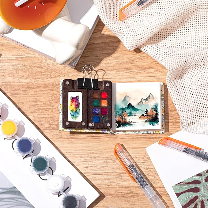 Qilery Mini Portable Watercolor Palette Set Wooden Grid Paint Box Watercolor Paper Sketch Book Brush Pens with Binder Clip for Painters Artist Not Include Paint(Winter Jasmine)