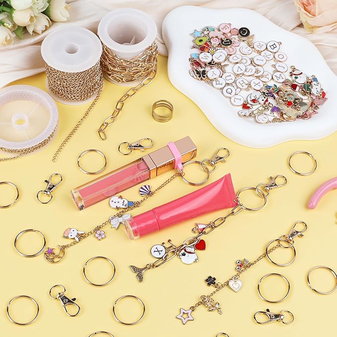Starry 158 Pcs Lip Gloss Keychain Making Kit 30 Charms 6.56 ft Gold Chains Rubber Lipgloss Ring Keychain Clips for DIY Crafts Women