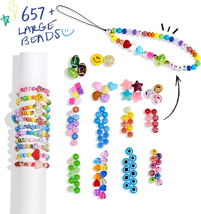 minimissmianyc 657pcs phone charm kit for girls，acrylic colorful face star flower letter alphabet pony beads necklace diy supplies crafts accessoriess bracelet jewerly making kit for kids boys women
