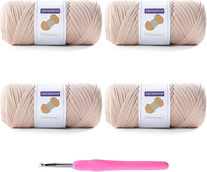 4 Pack Tshirt Yarn for Crocheting, Elastic T Shirt Spaghetti Thick Knitting Yarn Total Length 260 Yds for Crochet Bag Baskets Home Decor with 1 Crochet Hook (4-Beige)