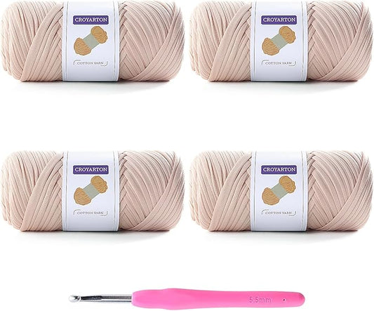4 Pack Tshirt Yarn for Crocheting, Elastic T Shirt Spaghetti Thick Knitting Yarn Total Length 260 Yds for Crochet Bag Baskets Home Decor with 1 Crochet Hook (4-Beige)