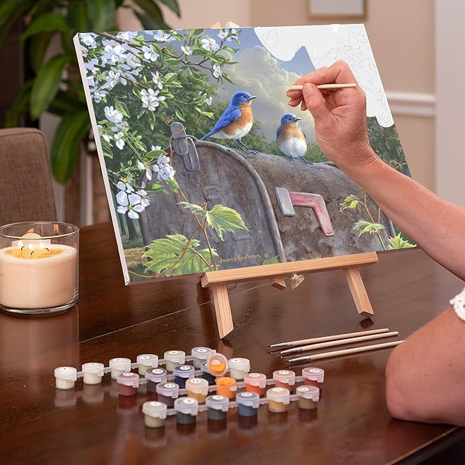 Ledgebay DIY Paint by Numbers Kit for Adults Framed Canvas Beginner to Advanced Paint by Numbers Kit Kits Include Acrylic Paint Set Brushes Tabletop Easel (Rural Route Bluebirds16 x 20" Framed)