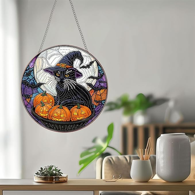 Bimkole Cats Diamond Art Hanging Kit for Adult, DIY 5D Diamond Art Halloween Window Pendant, Acrylic Crystal Art Hanging Ornament Home Wall Garden Front Door Sign Outdoor Decor 7.8x7.8 Inch