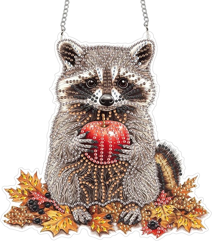 Yomiie Raccoon Animal Sun Catcher Window Hanging - DIY Double Sided Diamond Painting Pendant Kits for Adults, 5D Acrylic Diamonds Art Ornament for Indoor/Outdoor Garden Home Autumn Decor (8x8 inch)