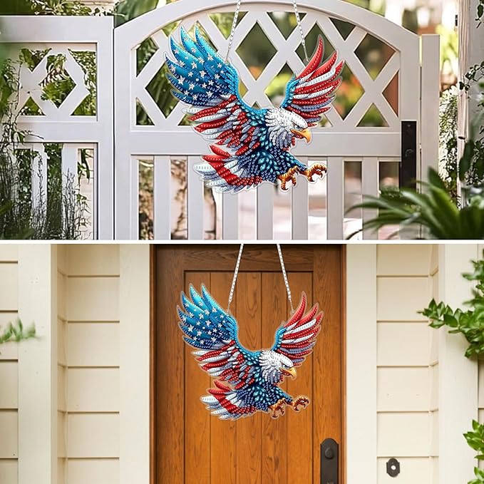 MXJSUA Diamond Art Hanging Kits for Adults Beginners, American Flag Eagle DIY Acrylic Special Shaped Crystal Diamond Gem Art Pendant Drills Painting Ornament for Home Wall Decor and Gift