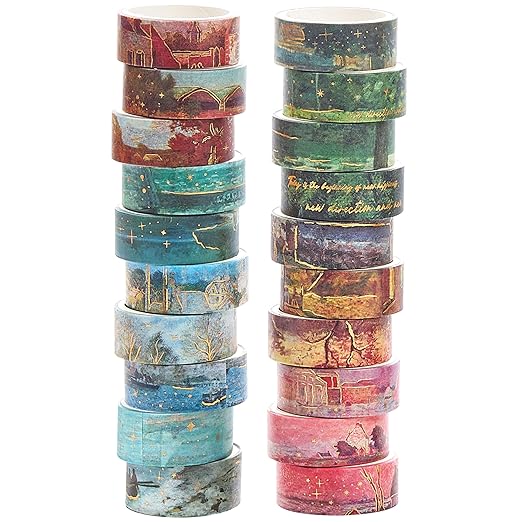 YUBX Landscape Washi Tape Set in Oil Painting Style 20 Rolls Scenery Drawing Masking Gold Foil Graphic Decorative Tapes for Arts, DIY Crafts, Journals, Planners, Scrapbook, Wrapping (Colourful)