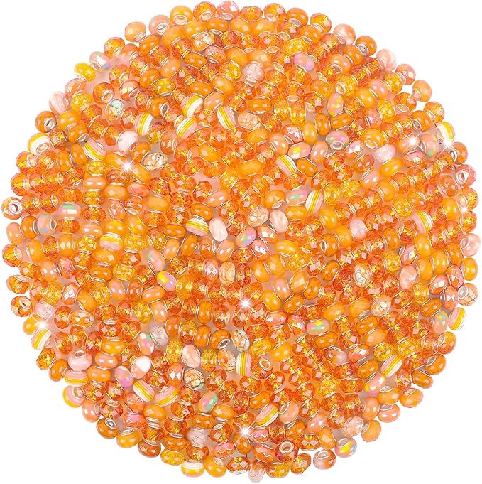 Large Hole European Beads for Pens - 100 Pieces Assorted Orange Fairy Wand Garden Lampwork Craft Spacer for DIY Charms Bracelet Necklace Decoration Jewelry Making Supplies