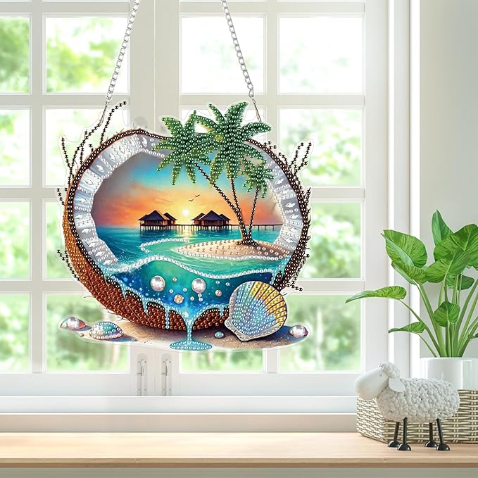 Bowetile Coconut Diamond Art Hanging Kits for Adults, Summer Diamond Art Suncatchers Beach, 5D Special Shape Diamond Painting Pendant Window Ornament Gifts for Home Wall Garden Decor