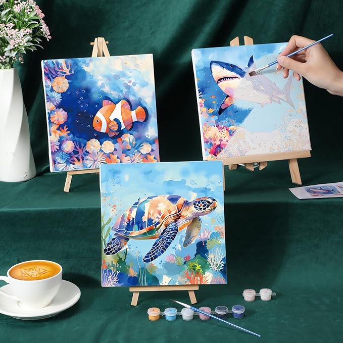 Nezyo 12 Sets Paint by Numbers Kit with Frame for Adult Beginners, Paint by Number DIY Acrylic Painting Canvas for Painting Party, Classroom Activity Birthday Gift, 8 x 8 Inch