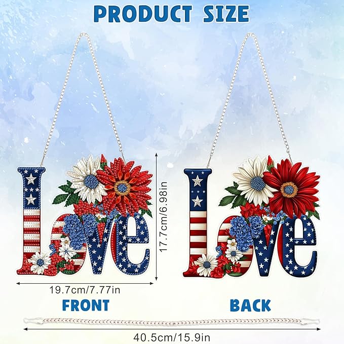 DOMROM 4TH of July Diamond Art Hanging Kit for Adult Beginners, Love and Flower DIY Diamond Art Hanging Kit, Patriotic Special Shaped Rhinestone, Window Pendant for Gift Garden Wall Home Decoration