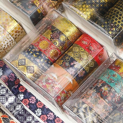 10 Rolls Sakura Washi Tape Set Japanese Arts Adhesive Tapes Gold Silver Foil Decorative Masking Tape Sets for Craft, Kids, Scrapbook, DIY, Gift Wrapping (Golden Kimono)