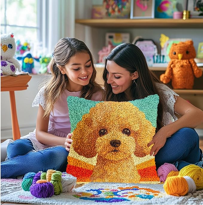 DIY Latch Hook Pillow Kits for Adults Cartoon Cute Poodle Dog Printed Pillowcase Crochet Yarns Hooking Handmade Pillow Cover Cushion for Home Sofa Decor 17x17inch(14)