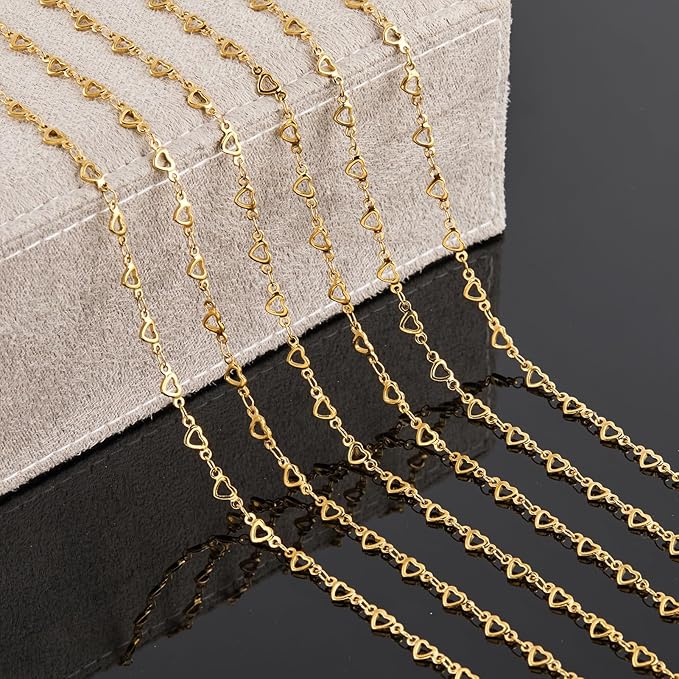 YOUBEIYEE 4 Meters Gold Plated Stainless Steel Jewelry Making Chain Hollow Heart Chain for Jewelry Making with Lobster Clasps Jump Rings
