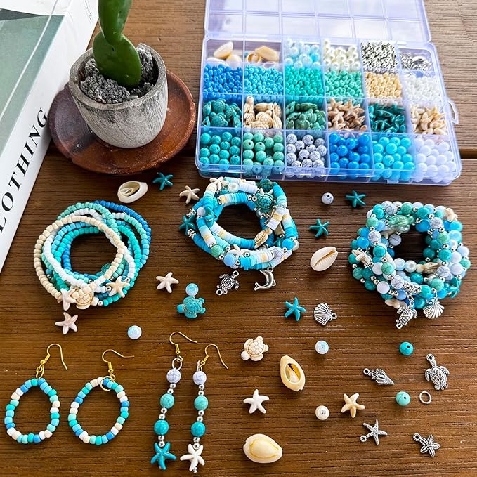 1960Pcs Ocean Beads for Bracelets Making Kit, Blue and White Summer Beach Bead for Jewelry Making, Sea Turtle Seashell Starfish Shape Beads 8mm Round Seed Bead for DIY Craft Bracelets Earring