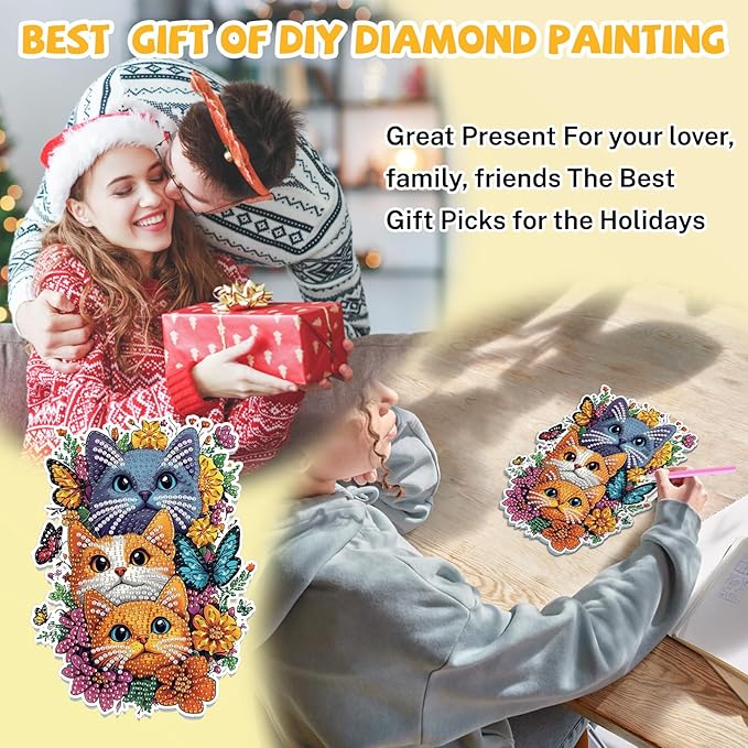 Bowetile Cats Diamond Art Hanging Kits for Adults, 5D Special Shape Diamond Painting Flowers Pendant Kits, Animal Gem Art Suncatchers Painting Window Ornament for Home Garden Wall Decor
