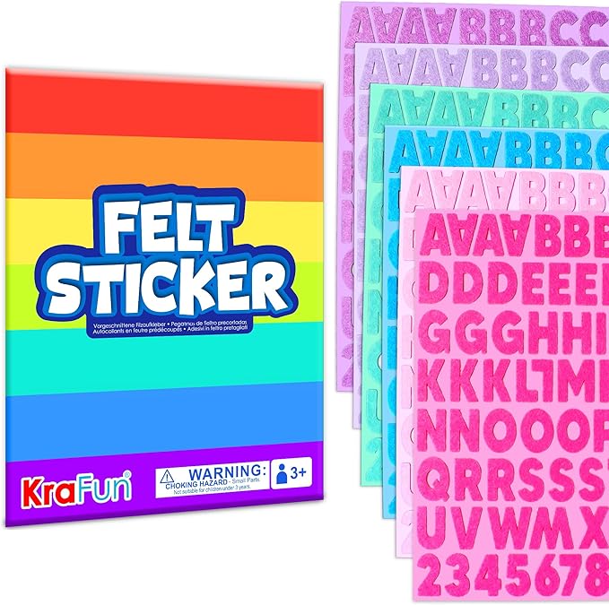 krafun 500+ felt stickers for kids - self-adhesive alphabet letters, numbers & fun shapes diy scrapbook arts and crafts supplies educational learning activity gift for toddlers boys & girls ages 3+