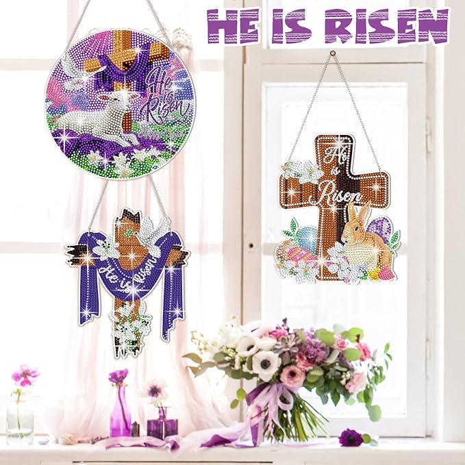 Menkxi 3 Pcs Easter Diamond Art Kits for Adults He is Risen Cross Diamond Painting Kits 5d DIY Religious Christian Jesus Hanging Signs for Crafts Art Door Wall Home Indoor Outdoor Hanger Door Decor