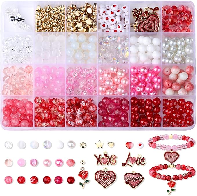 DUQGUHO Valentine's Day Beads for Jewelry Making, 8mm Red Pink White Glass Beads for Bracelet, Heart Beads Gold Bead and Sweet Heart Charms for Bracelet Necklace Crafts DIY 580PCS