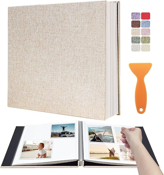 Large Photo Album Scrapbook, Holds 4x6, 8x10 Pictures, Self-Adhesive Pages for Baby, Wedding, Travel & Family Memories, Includes Metallic Pen & Scraper, DIY Memory Book for Gifts 13"x12.8" 60 Pages