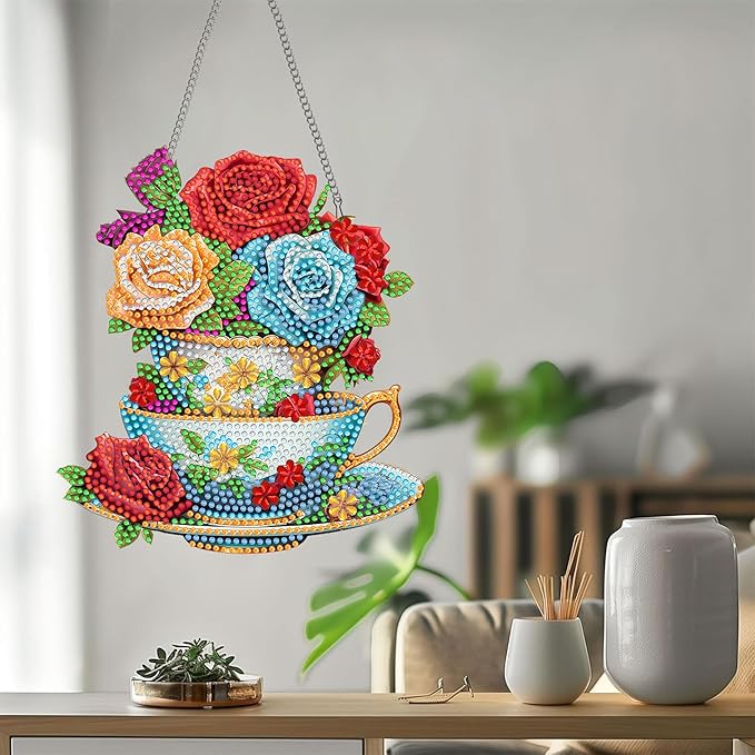 Bimkole Coffee Cup Diamond Art Hanging Kit for Adult, DIY 5D Diamond Art Flower Window Pendant, Acrylic Crystal Art Hanging Ornament Home Wall Garden Front Door Sign Outdoor Decor 7.8x7.8 Inch