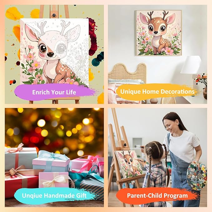 Paint by Numbers Kit for Kids with Frame, Deer Paint by Numbers for Kids Ages 4-8-12, DIY Deer Acrylic Oil Painting for Home Wall Art Decor Gift 7.8x7.8 inch (with Frame Easel)