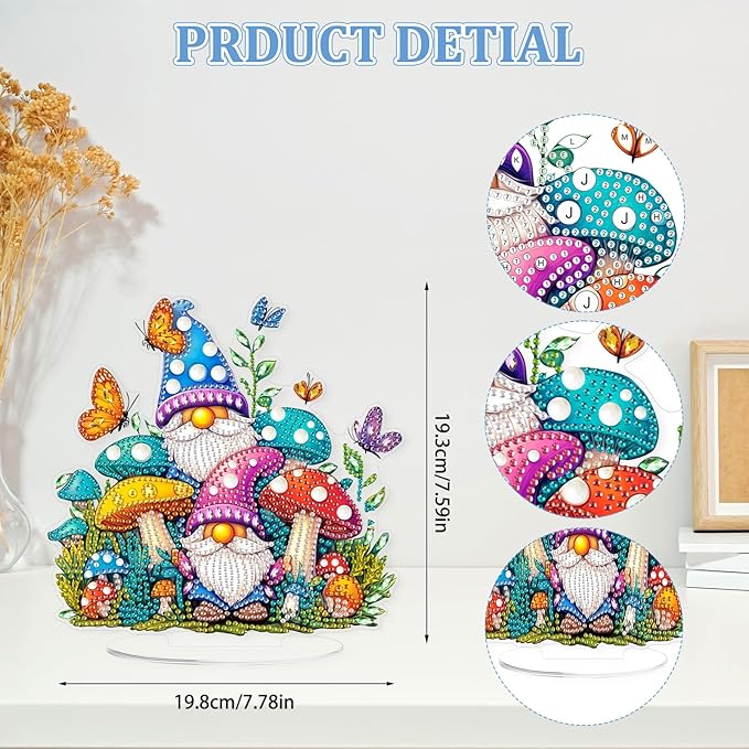 KEYIFA Diamond Painting Desktop Ornament, DIY Gnome Diamond Art for Adults Beginner, Mushroom Gem Arts Table Decor Special Shaped Rhinestone Crafts Home Desk Decoration Gift, Double Sided