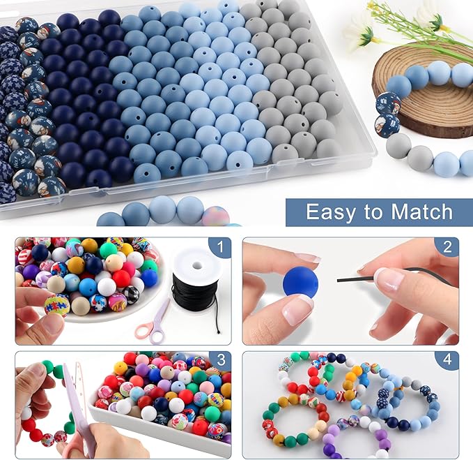 150Pcs Mixed Color 15mm Silicone Beads for Keychain Making, Gray Blue Star Print Silicone Beads for Pens and Bracelet Jewelry Making