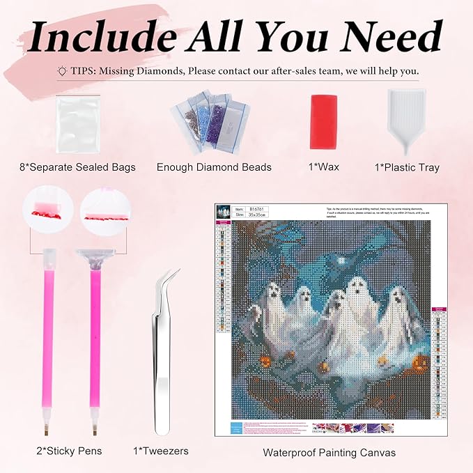 Yezavesu Halloween Diamond Art Kits for Adults, Ghost Diamond Painting Kit for Beginners, Pumpkin 5D DIY Round Full Drill Painting with Gem Art Craft Kits for Home Wall Decor 14x14 Inch
