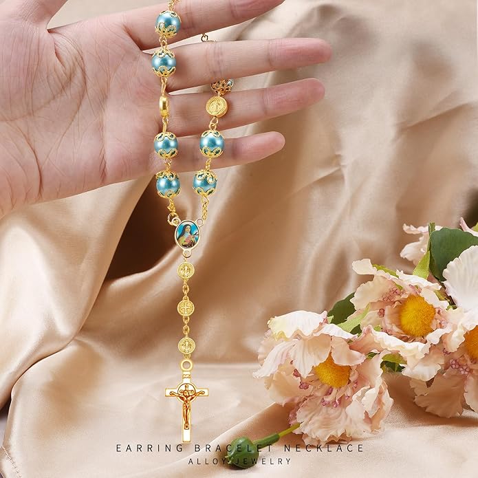 60Pcs/30Sets Rosary Making Kits Supplies Alloy Religion Cross and Center Medal Charms Pendant Oval Chandelier Links for Diy Prayer Necklace Jewelry