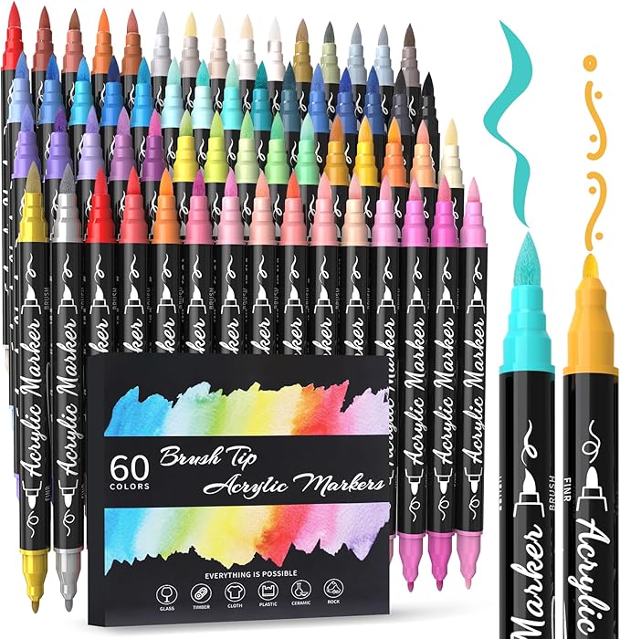 60 Colors Acrylic Paint Markers - Waterproof Dual Tip Acrylic Paint Pens with Brush & Fine Tip Professional Marker Set Scrapbook Markers for Paper Rock Wood Fabric Glass Ceramic and DIY Crafts