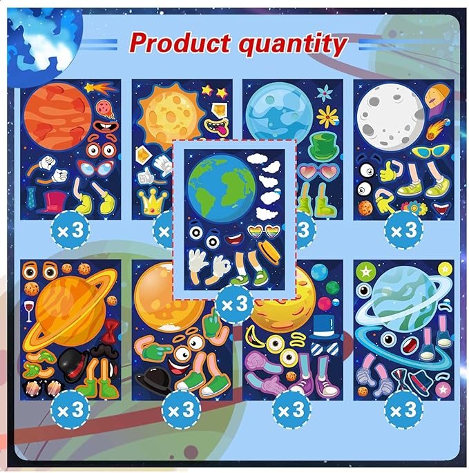 27 sheets space stickers make your own planet stickers games,easy to peel and stick,make a face outer space sticker for kids,9 planets solar system birthday party favor sticker for kids