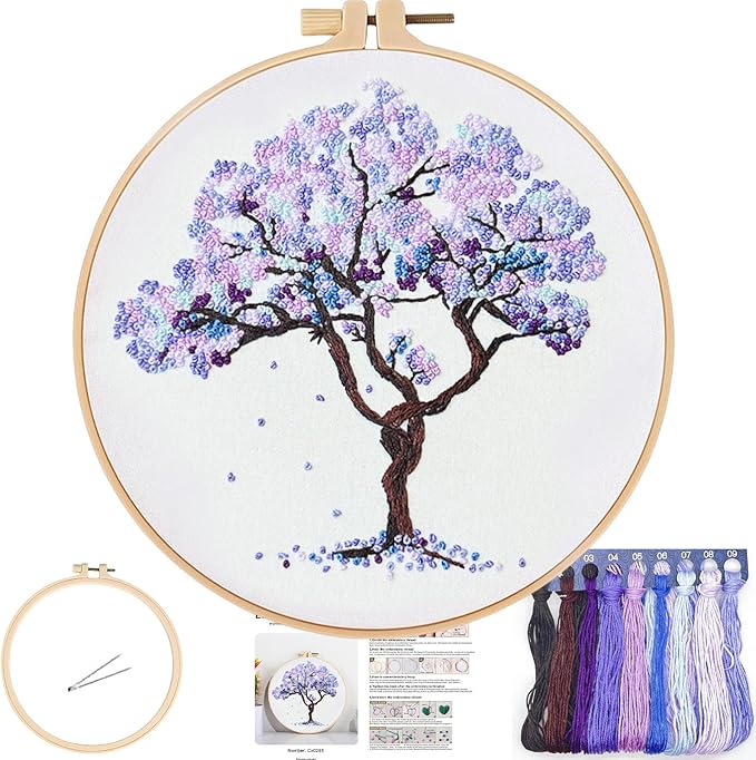 FONNUY Crewel Embroidery Kit for Beginners, Seasonal Tree Pre-Stamped Pattern Kits for Adults with Hoop, Easy to Follow Color Thread Needlework, 8'' (Purple)