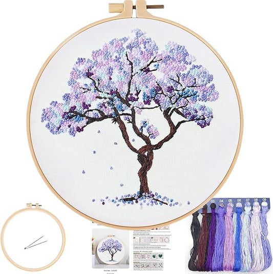 FONNUY Crewel Embroidery Kit for Beginners, Seasonal Tree Pre-Stamped Pattern Kits for Adults with Hoop, Easy to Follow Color Thread Needlework, 8'' (Purple)