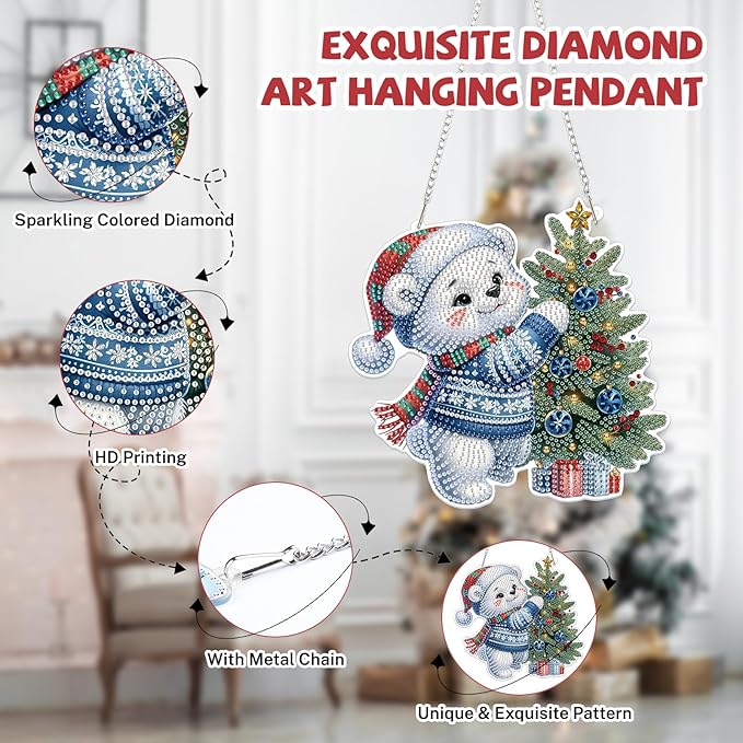 Bowetile Christmas Diamond Art Hanging Kits for Adults, Diamond Art Suncatchers Polar Bear, 5D Special Shape Diamond Painting Pendant Window Ornament Christmas Gifts for Home Door Wall Decor