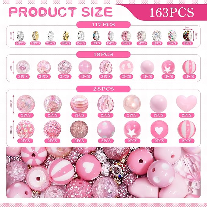 163 Pcs Pen Beads for Beadable Pens: Bubblegum Beads for Pen Making Bulk with Spacer Bead Rhinestone Bead (Pink)