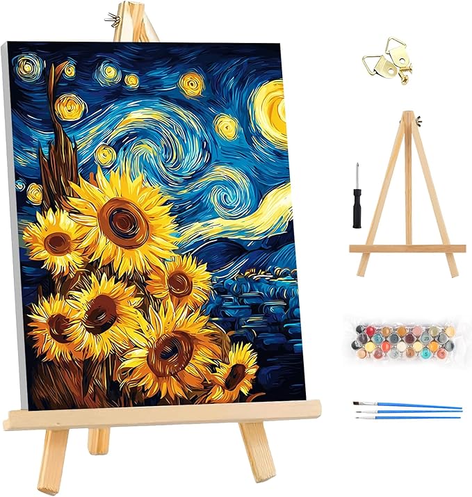EOBROMD Framed Paint by Numbers Kits for Adults - Wooden Easel, Starry Night DIY Kits Crafts for Beginner on Stretched Canvas, 3 Brushes and Acrylic Paint for Home Decor 10x14 Inch