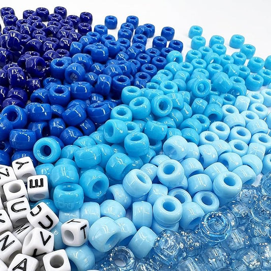 MIIIM 1300 Pcs Pony Beads Kit for Friendship Bracelet, 6 Styles Kandi Bracelet Kit in Box with Individual Compartments, Hair Beads for Braids, Letters (Blue Shades)