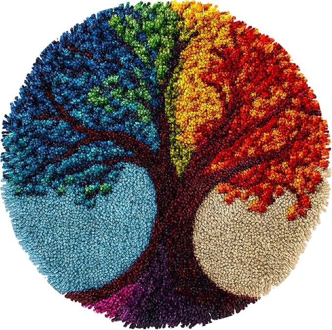 Latch Hook Rug Kit Abstract Colorful Tree Easy for Beginners Round Shape Carpet Crochet Yarn Craft Mini Rug DIY Hook and Latch Little Tapestry for Home Decor 30x30cm(3)
