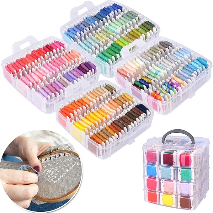 VICOVI 1080 Pack Embroidery Floss Thread Kit Including 200 Colors and 30 SkeinsWhite & Black Embroidery Thread Cross Stitch Sewing Thread with 850 Pcs Cross Stitch Tool and 4-Tier Transparent Box