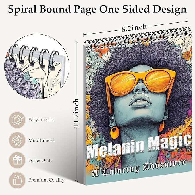 Coloring Books for Adults Relaxation Spiral Bound Printed On One Side, Coloring Book for Women with 24 Patterns One Sided Design, Mindfulness Anxiety Relief Gifts Melanin Magic