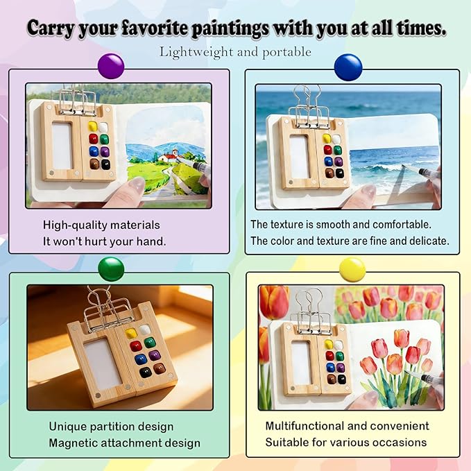 Mini Watercolor Paint Set Bamboo Travel Kit with Watercolor Palette Paintbrush Storage Bag and Water Storage Bottle Ready to Use Watercolor Sets for Artists and Beginners（8 Squares）