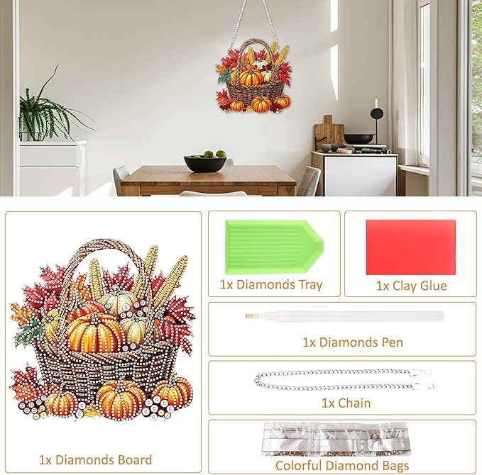 SENQAO Halloween Diamond Art Hanging Kits for Adults Beginners, DIY Acrylic 5D Special Shaped Crystal Diamond Gem Art Painting Hanging Ornament for Home Wall Decor and Gift（Fall Pumpkin Basket）