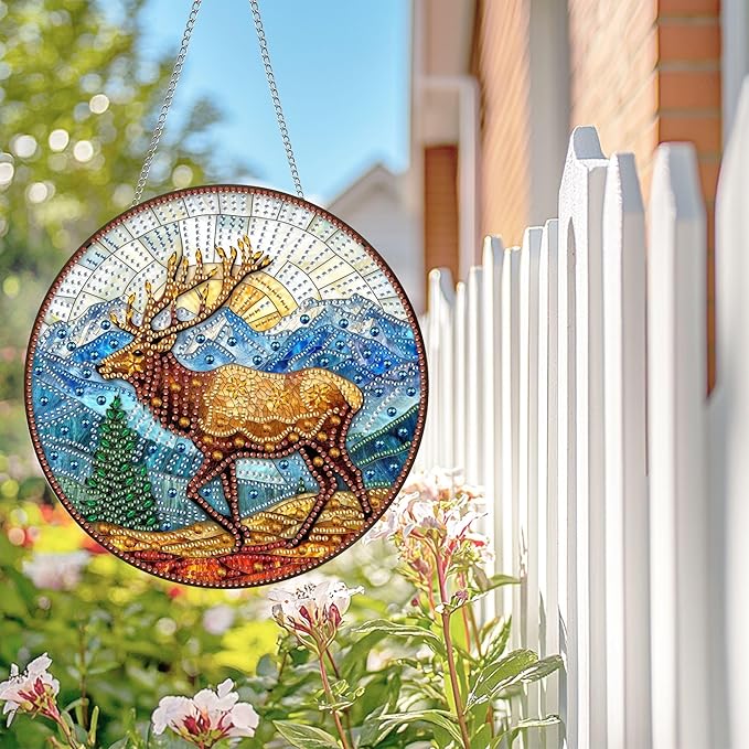 Wergund 5D DIY Elk Diamond Art Hanging Kits, Hanging Diamond Art Animal, Acrylic Special Shaped Rhinestone, Window Hanging Pendants for Home Wall Garden Front Door Outdoor Decor Gift(Elk)